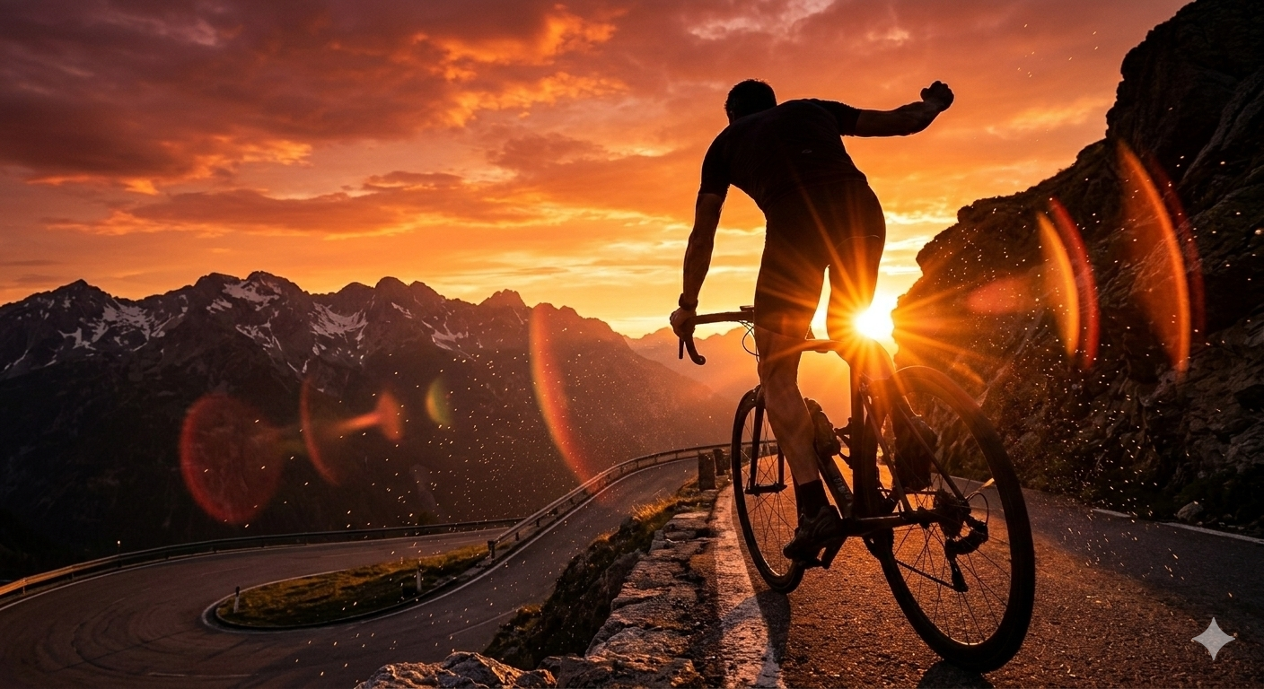 Generate from Nano Banana2: Silhouette of a strong male cyclist completing a strenuous mountain climb on a bicycle during sunset, dramatic sun flares, triumph, NO WOMAN image